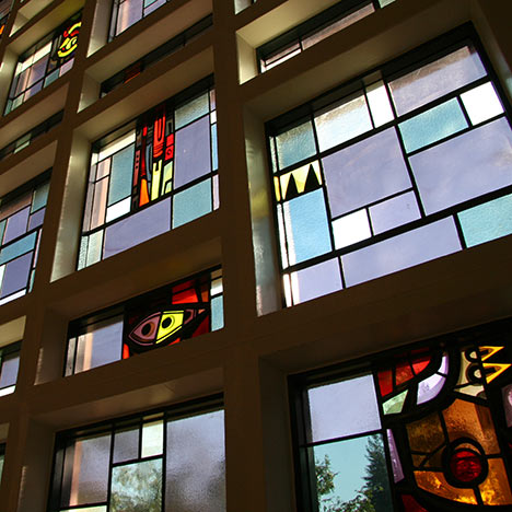 Stained glass windows in Hertz Hall. Photo by Keegan Houser.